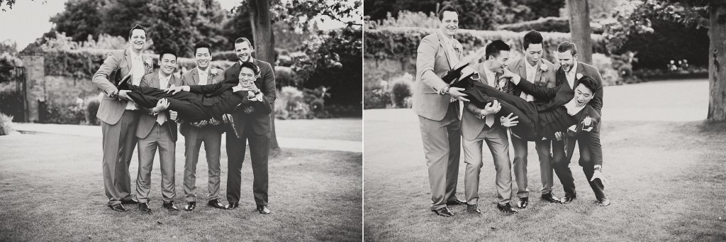 nicholas-lau-nicholau-london-film-fine-art-photography-beautiful-blog-first-wedding-love-cute-white-dress-chinese-asian-Gaynes-park-black-white-groomsmen-lifting-groom-carrying
