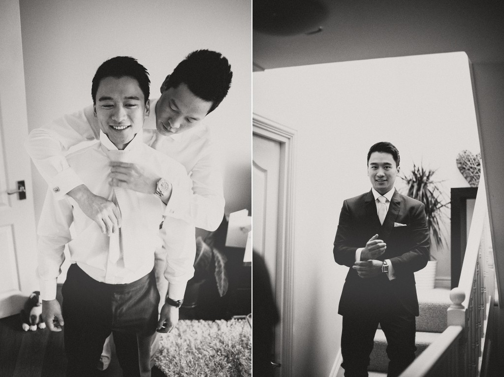 nicholas-lau-nicholau-london-film-fine-art-photography-beautiful-blog-first-wedding-love-cute-white-dress-chinese-asian-Gaynes-park-groom-getting-ready-mirror-tie-bow-tie-black-and-white