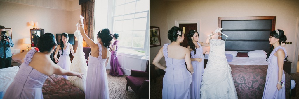 nicholas-lau-nicholau-london-film-photography-chinese-asian-wedding-bridesmaids-inspecting-wedding-dress-making-sure-clean-purple