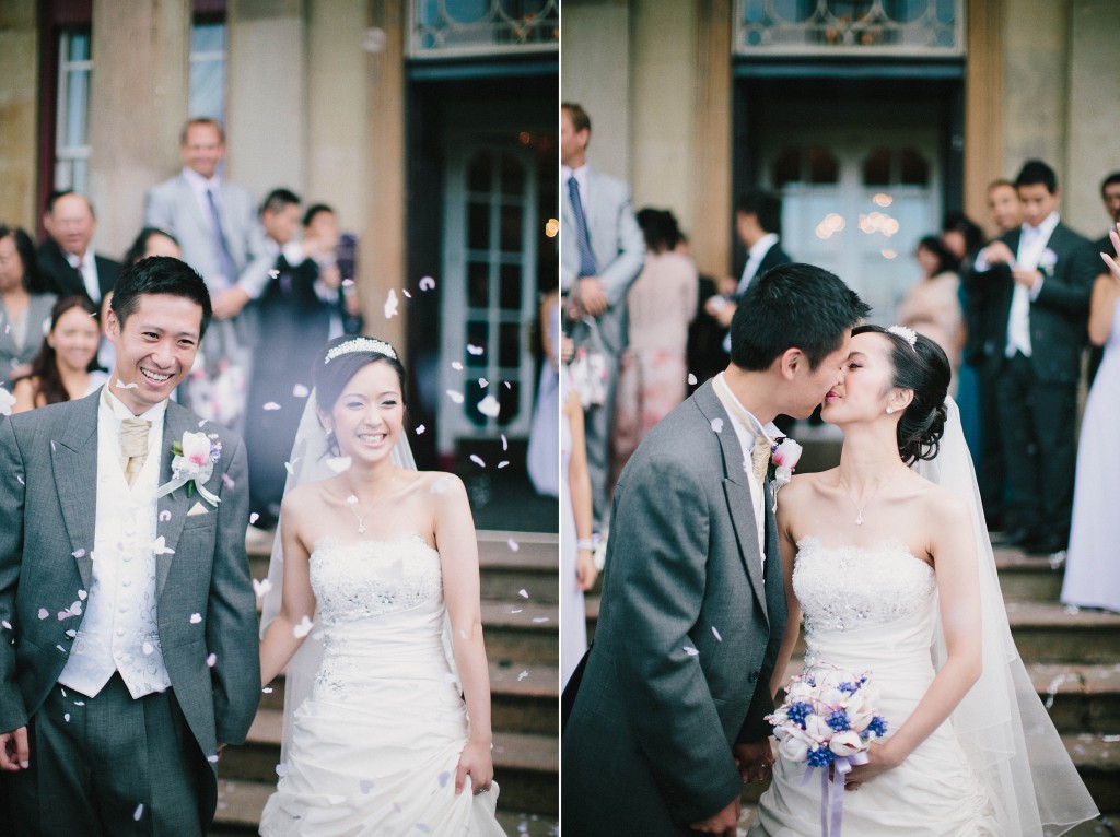 nicholas-lau-nicholau-london-film-photography-chinese-asian-wedding-petals-confetti-bride-groom-throwing-kisses-blue-bouquet-something