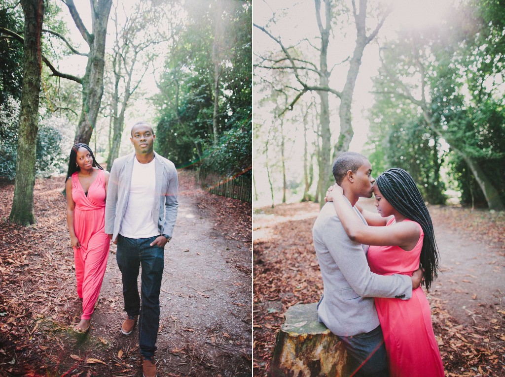 nicholau-nicholas-lau-photography-couples-session-pre-wedding-engagement-love-african-london-coral-dress-grey-blazer-woods-path-garden