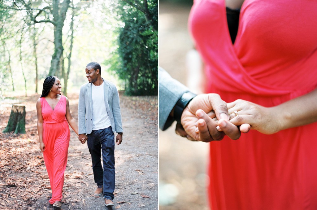nicholau-nicholas-lau-photography-couples-session-pre-wedding-engagement-love-african-london-diamond-ring-coral-dress-grey-blazer-holding-hands-walking