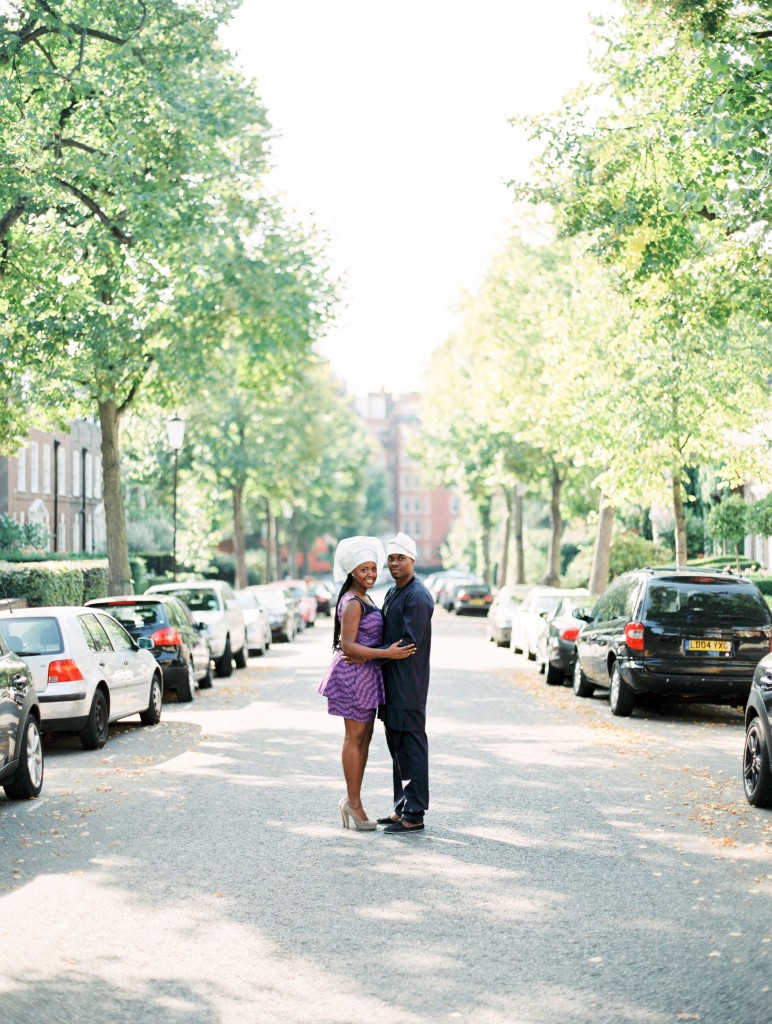 nicholau-nicholas-lau-photography-couples-session-pre-wedding-engagement-love-african-london-tree-lined-street-black-gele-jeans-purple-dress
