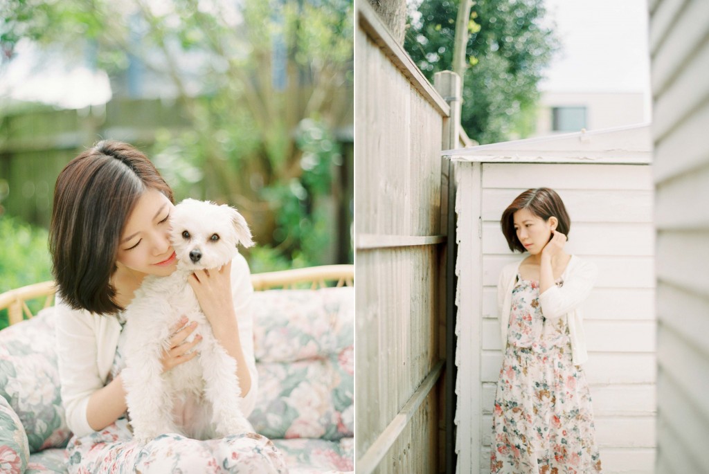 Nicholas-lau-nicholau-lifestyle-portrait-film-photography-fuji-400H-contax-645-garden-girl-taiwanese-summer-sunny-floral-dress-hair-around-the-corner-chinese-powderpuff-powder-puff-dog