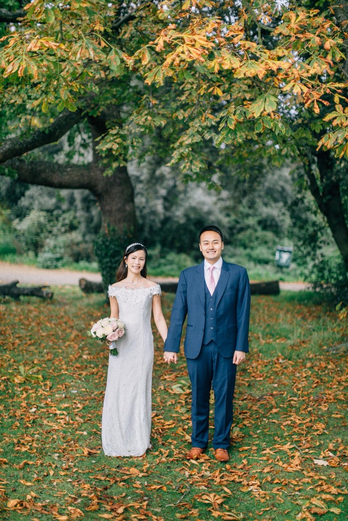 nicholas-lau-nicholau-wedding-marriage-fine-art-film-photography-blue-suit-chinese-love-dress-white-autumn-fall-leaves-stand-together-lace-rose-bouquet-pink-flowers-mordon