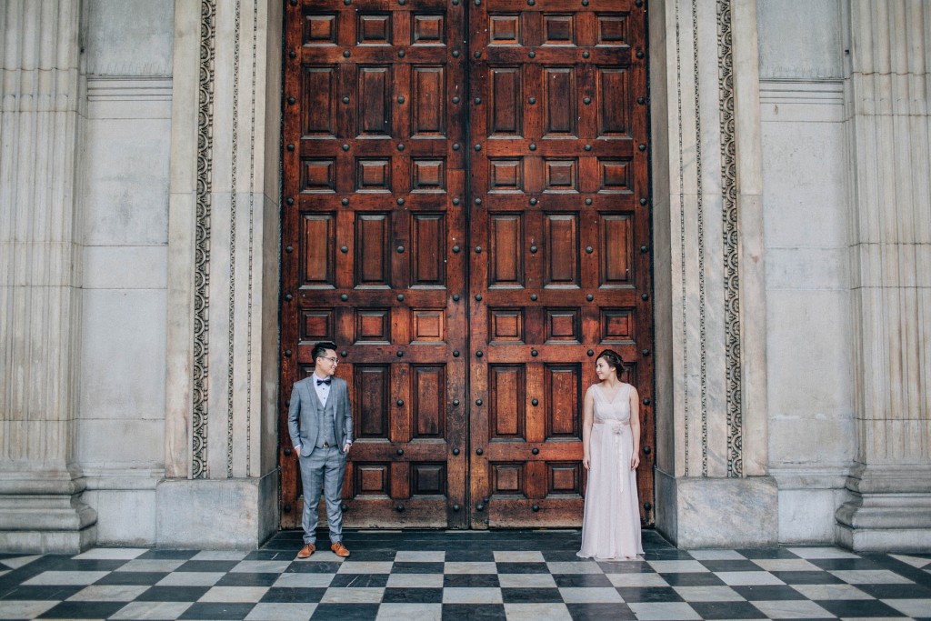 nicholas-lau-nicholau-photo-photography-fine-art-hybrid-engagement-chinese-asian-couple-london-uk-white-dress-grey-suit-checkered-marble-floor-wooden-carved-doors