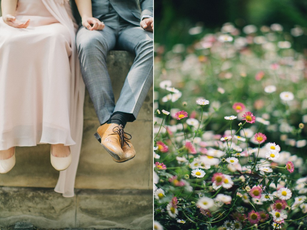 nicholas-lau-nicholau-photo-photography-fine-art-hybrid-engagement-chinese-asian-couple-london-uk-white-dress-grey-suit-sitting-on-ledge-flowers-spring-leather-shoes-heels