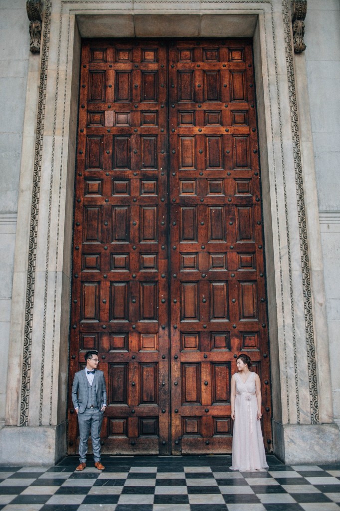nicholas-lau-nicholau-photo-photography-fine-art-hybrid-engagement-chinese-asian-couple-london-uk-white-dress-grey-suit-wooden-carved-doors-checkered-marble