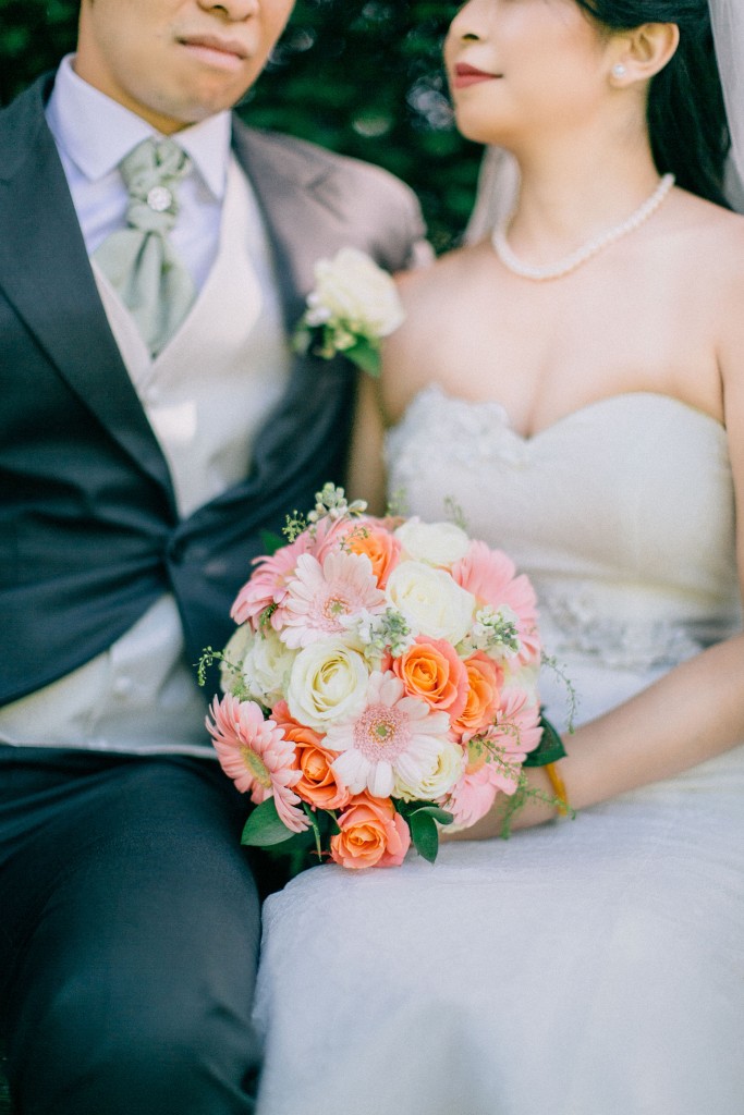 nicholas-lau-photo-photography-wedding-uk-london-asian-chinese-bouquet-orange-pink-white-sweetheart-neckline-groom-grey-suit